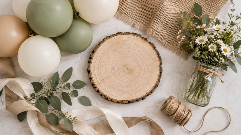 A rustic baby shower color palette in cream, wood, sage, and tan