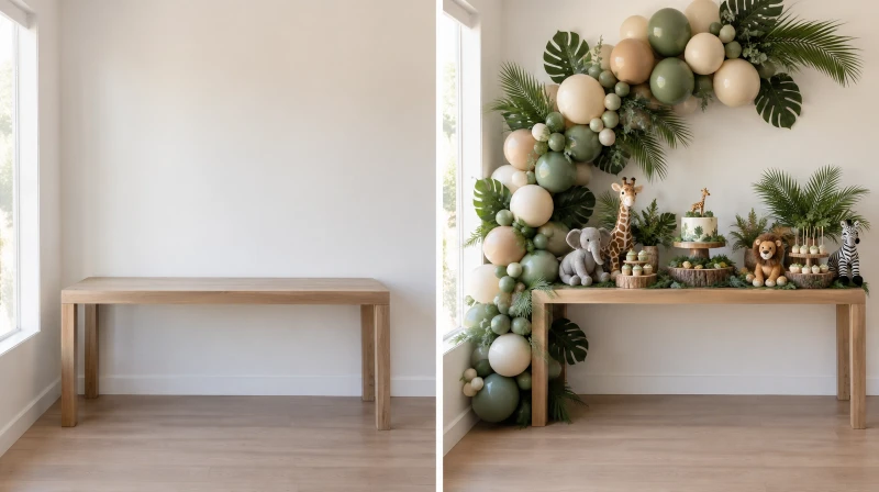 Before and after of a plain corner styled for a safari baby shower