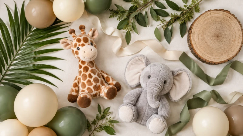 A safari baby shower color palette in tan, cream, green, and brown