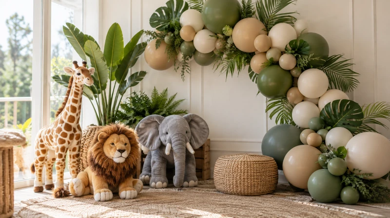 Safari baby shower decorations with a neutral balloon garland and plush animals