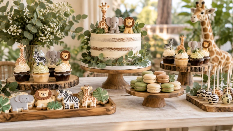 A safari baby shower dessert table with a greenery cake and animal cookies