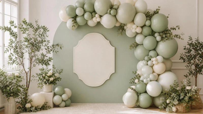 A sage green baby shower backdrop with a balloon garland and greenery