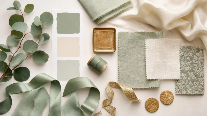 A sage green baby shower color palette with sage, cream, and gold swatches
