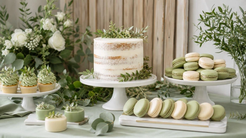 A sage green baby shower dessert table with a greenery cake and soft treats