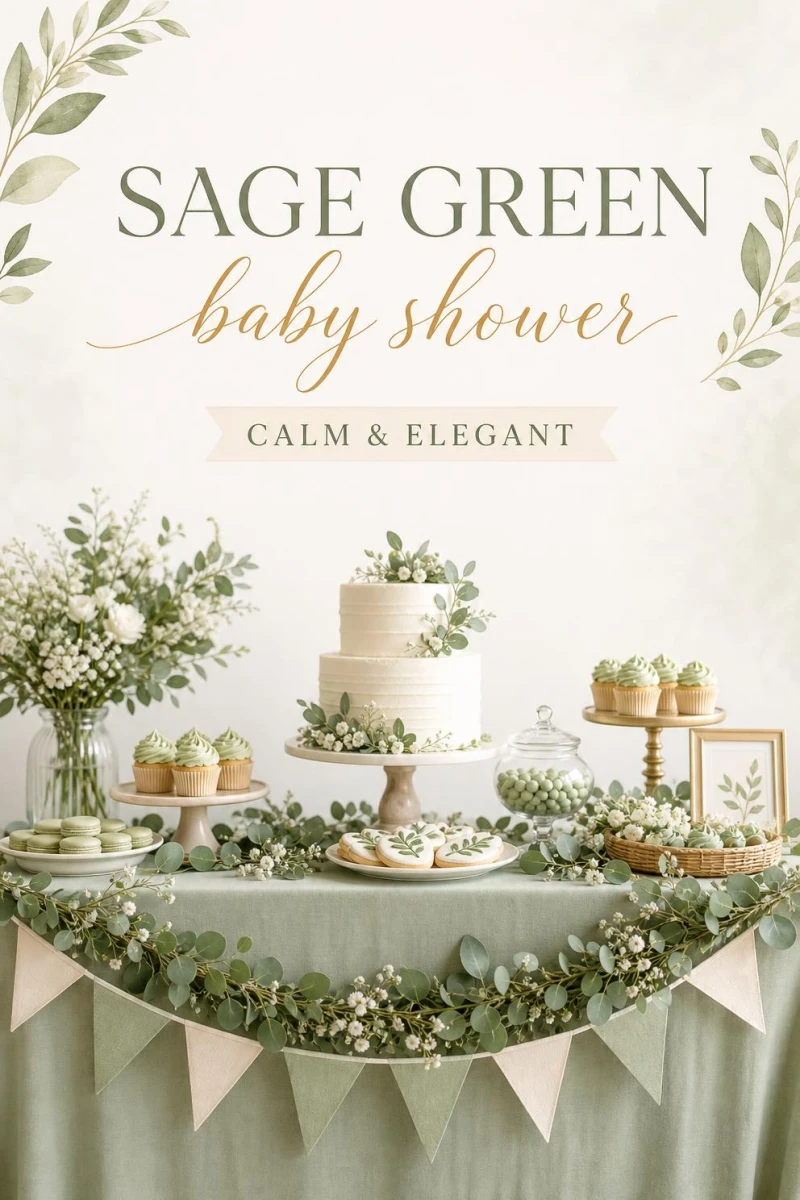 A Pinterest graphic with the text "Sage Green Baby Shower Ideas" over a soft sage and cream shower setup