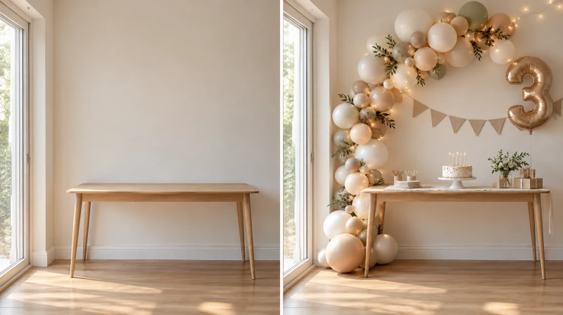 Before and after of a plain corner styled for a simple home birthday party
