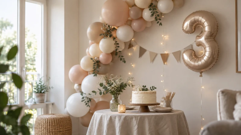 A simple birthday party at home with one styled corner and a balloon garland