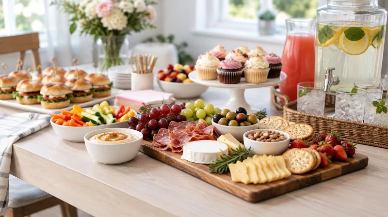 A simple birthday party food table with a grazing board and cupcakes