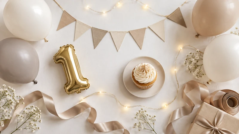 Simple birthday party decor breakdown showing balloons, number balloon, banner, lights, and cupcake
