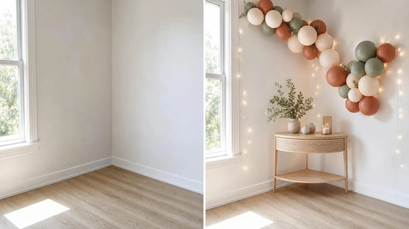 Before and after of a small room corner styled into a party focal point