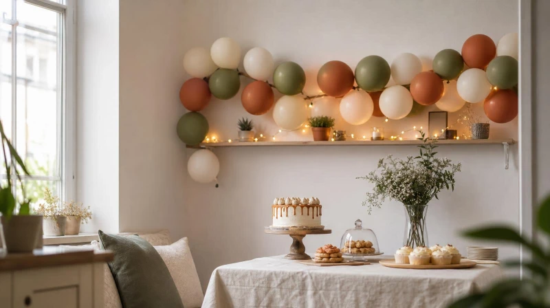 Small-space party decoration ideas with a wall balloon garland and fairy lights