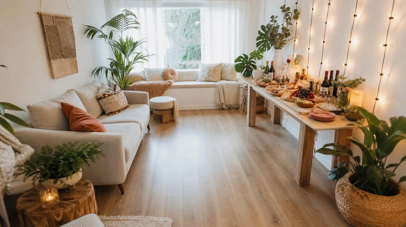 A smart small-space party layout with furniture at the edges and food on one wall table