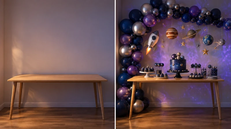 Before and after of a plain corner styled for a space birthday party
