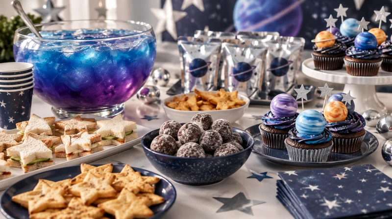 A space party food table with rocket punch, star sandwiches, and planet cupcakes