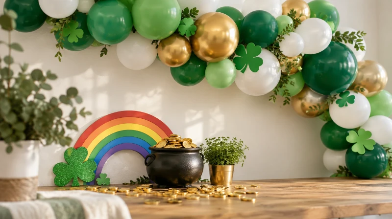 St. Patrick's Day decorations with a green balloon garland, rainbow, and gold coins