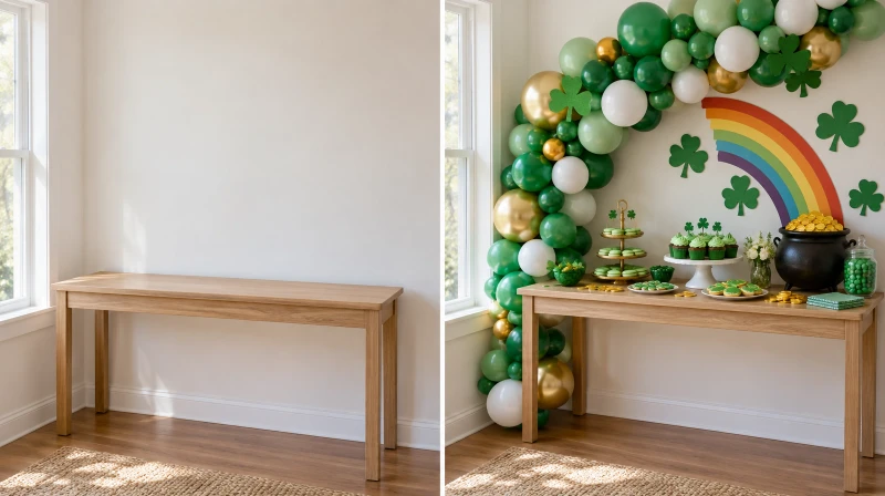Before and after of a plain corner styled for a St. Patrick's Day party