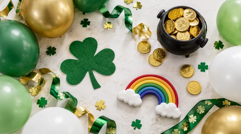 A St. Patrick's Day party color palette in green, gold, white, and rainbow