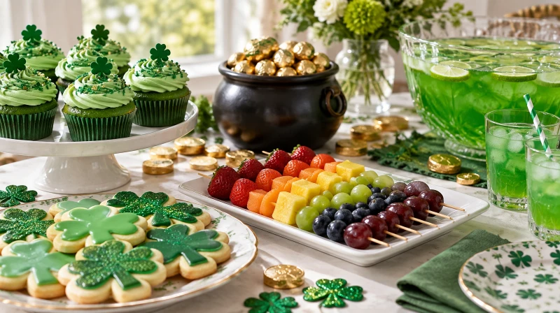 A St. Patrick's Day food table with green treats and a pot of gold snack
