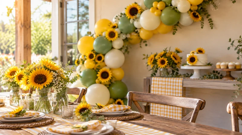 Sunflower birthday decorations with a yellow balloon garland and sunflowers