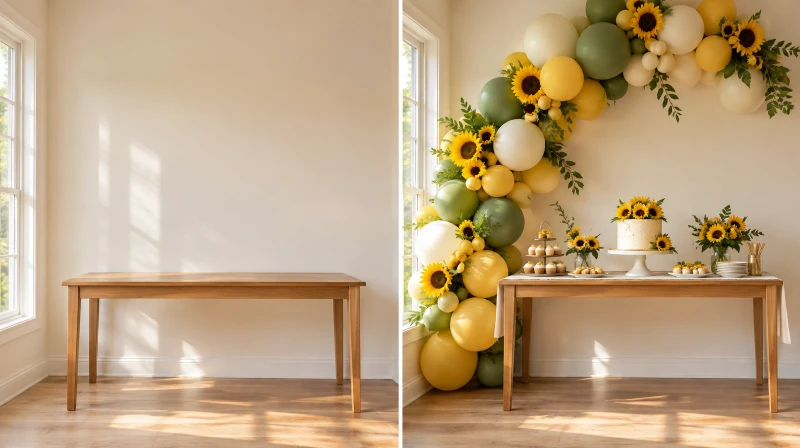 Before and after of a plain corner styled for a sunflower birthday party