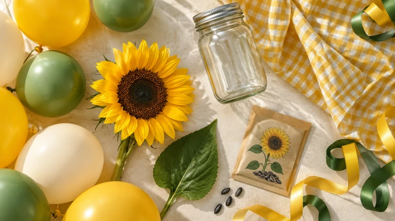 A sunflower birthday party color palette in yellow, green, cream, and brown