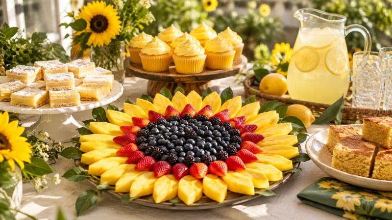 A sunflower party food table with a sunflower fruit tray and yellow treats