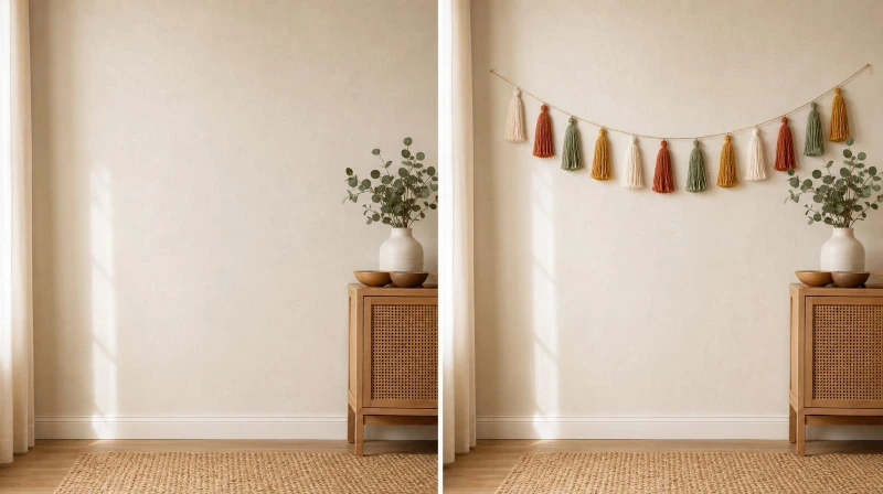 Before and after of a plain wall with a colorful DIY tassel garland added