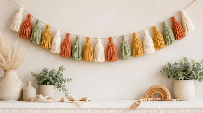 A DIY tassel garland hung as a soft swag across a party backdrop