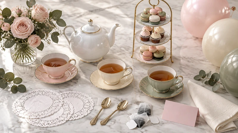 A tea party birthday color palette in blush, cream, sage, and gold