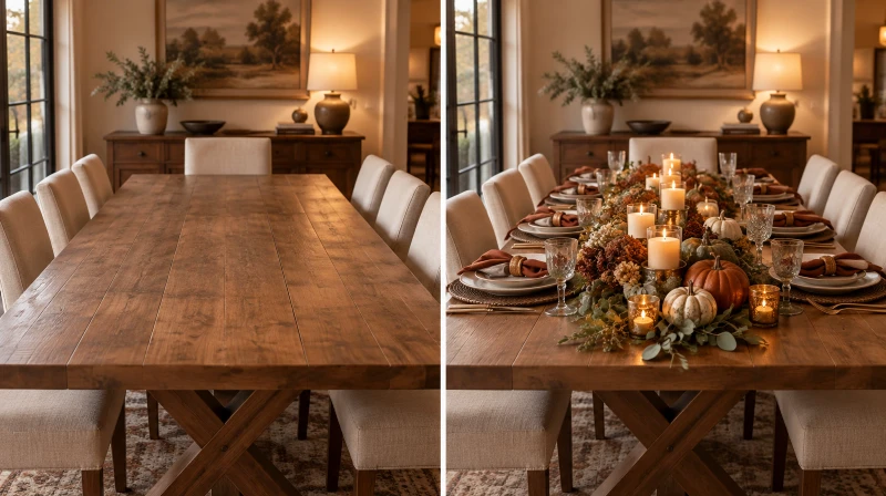 Before and after of a plain table with a Thanksgiving centerpiece added