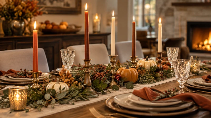 A warm Thanksgiving candle centerpiece with tapers and greenery