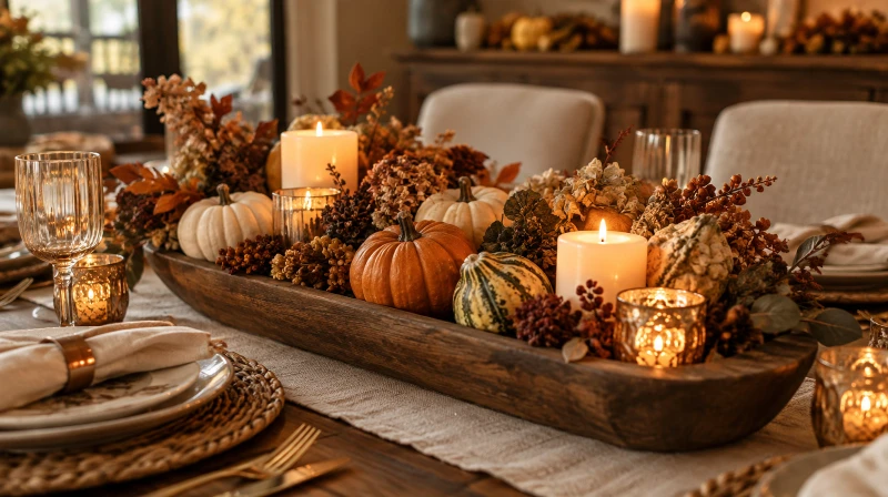 A Thanksgiving centerpiece with grouped pumpkins, gourds, and candles