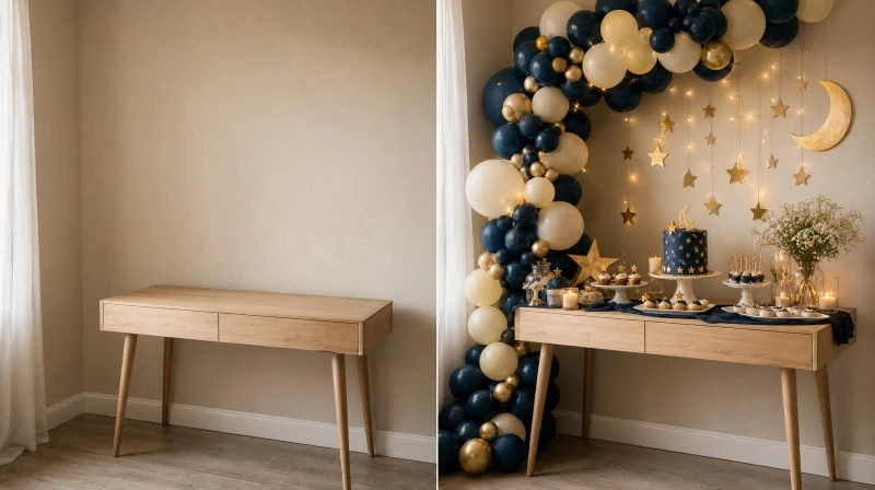 Before and after of a plain corner styled for a twinkle little star baby shower