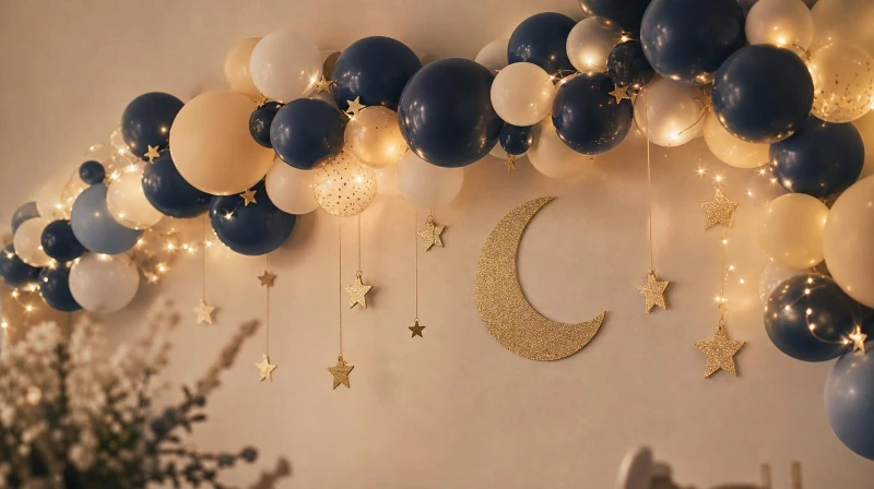 Twinkle little star baby shower decorations with a navy balloon garland and gold stars