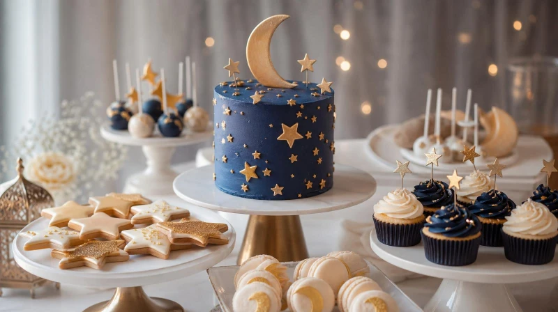 A twinkle little star baby shower dessert table with a starry cake and star cookies