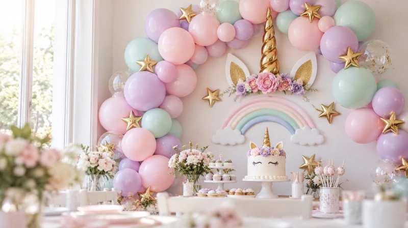 Unicorn birthday decorations with a pastel balloon garland, horn, and rainbow