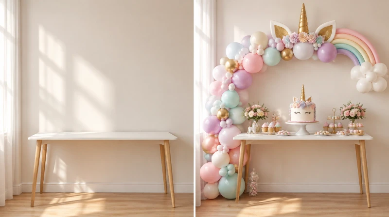 Before and after of a plain corner styled for a unicorn birthday party