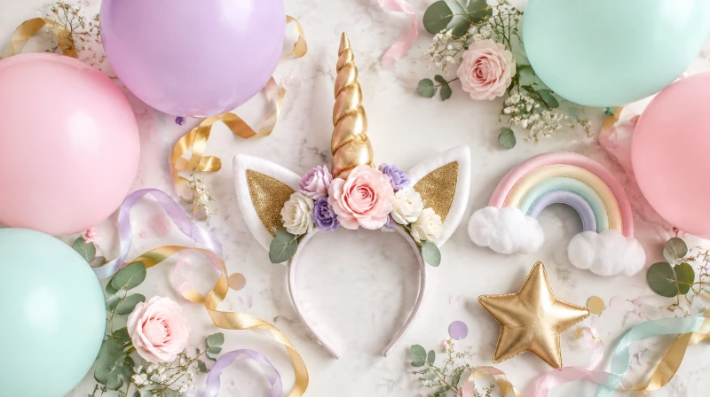 A unicorn birthday party color palette in pastel pink, lavender, mint, and gold