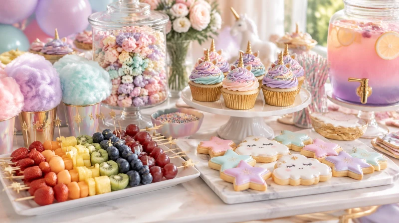 A unicorn party food table with rainbow fruit, pastel popcorn, and swirled cupcakes