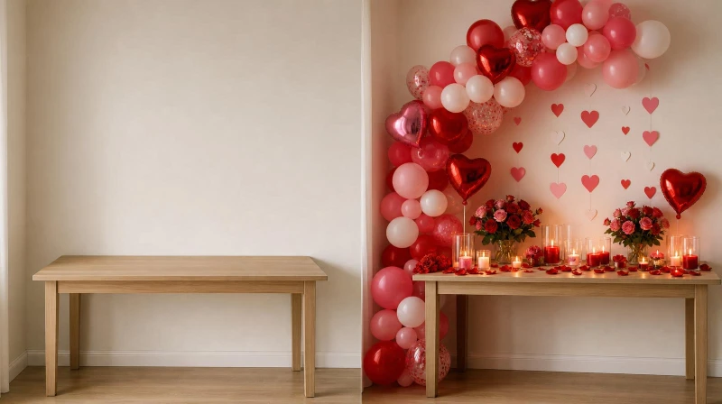 Before and after of a plain corner styled for a Valentine's Day party