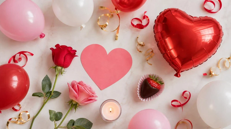 A Valentine's Day party color palette in red, pink, blush, and gold