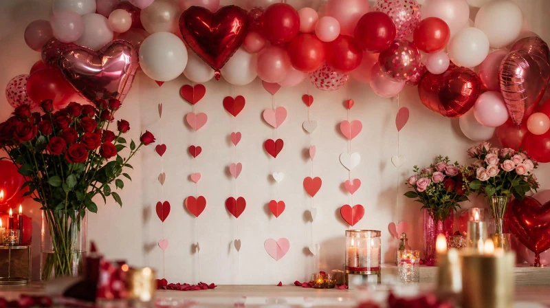 Valentine's Day party decorations with a red and pink balloon garland and hanging hearts