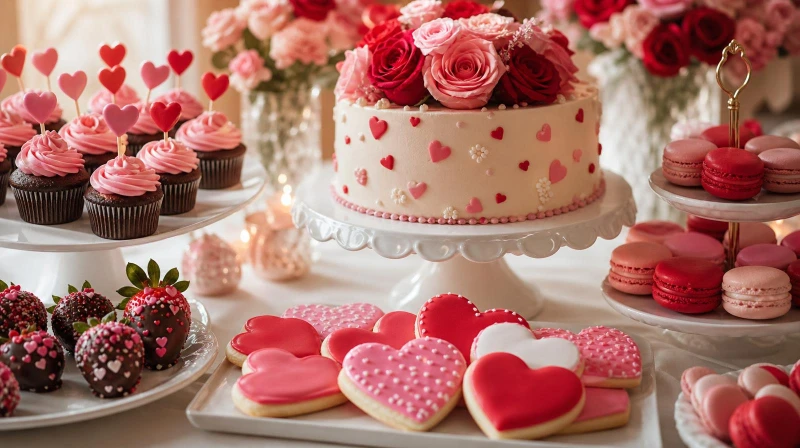 A Valentine's dessert table with a heart cake, cookies, and chocolate strawberries