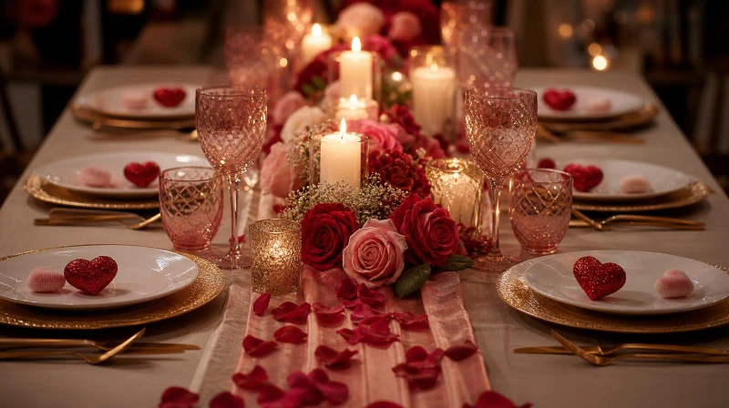 A romantic Valentine's table with candles, roses, and blush place settings