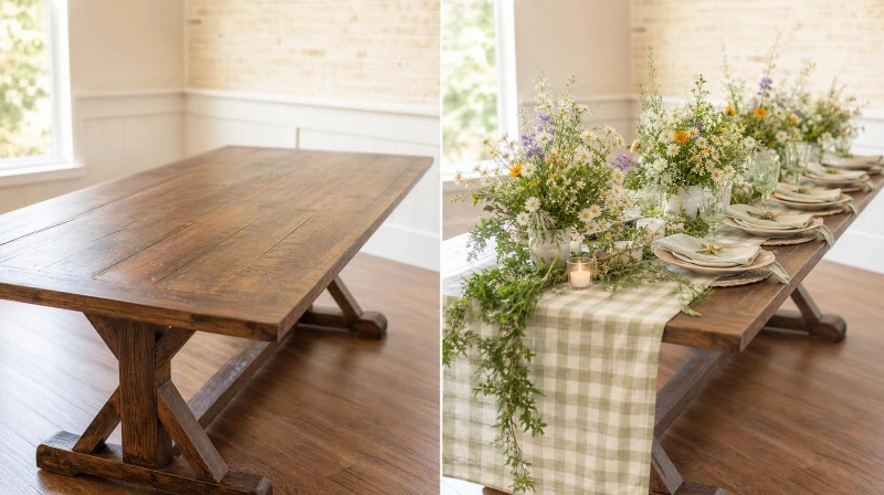 A side-by-side comparison showing a plain empty table next to the same table beautifully styled with a gingham runner and meadow-style centerpieces.