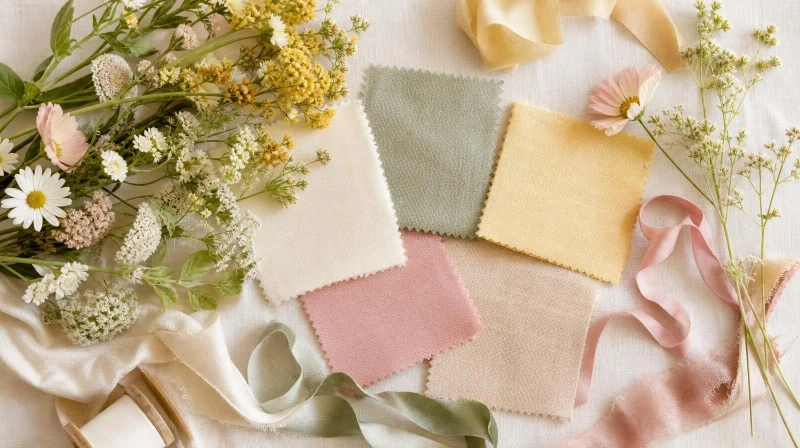 A flat-lay view of a wildflower baby shower color palette showing cream, sage, butter yellow, and dusty pink swatches.