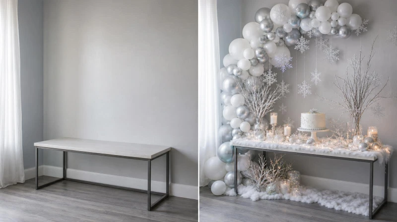 Before and after of a plain corner styled for a winter wonderland party