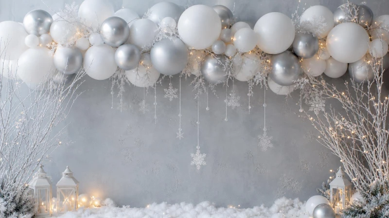 Winter wonderland party decorations with a white balloon garland and hanging snowflakes