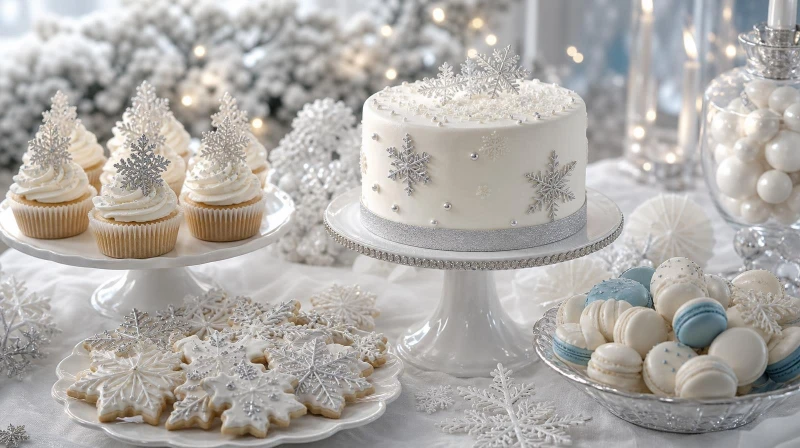 A winter wonderland dessert table with a white cake, snowflake cookies, and macarons