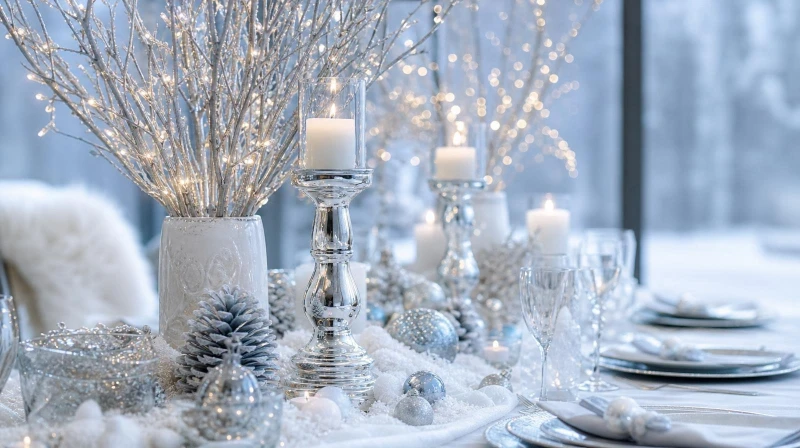 A winter wonderland table with white branches, candles, and snowflake details
